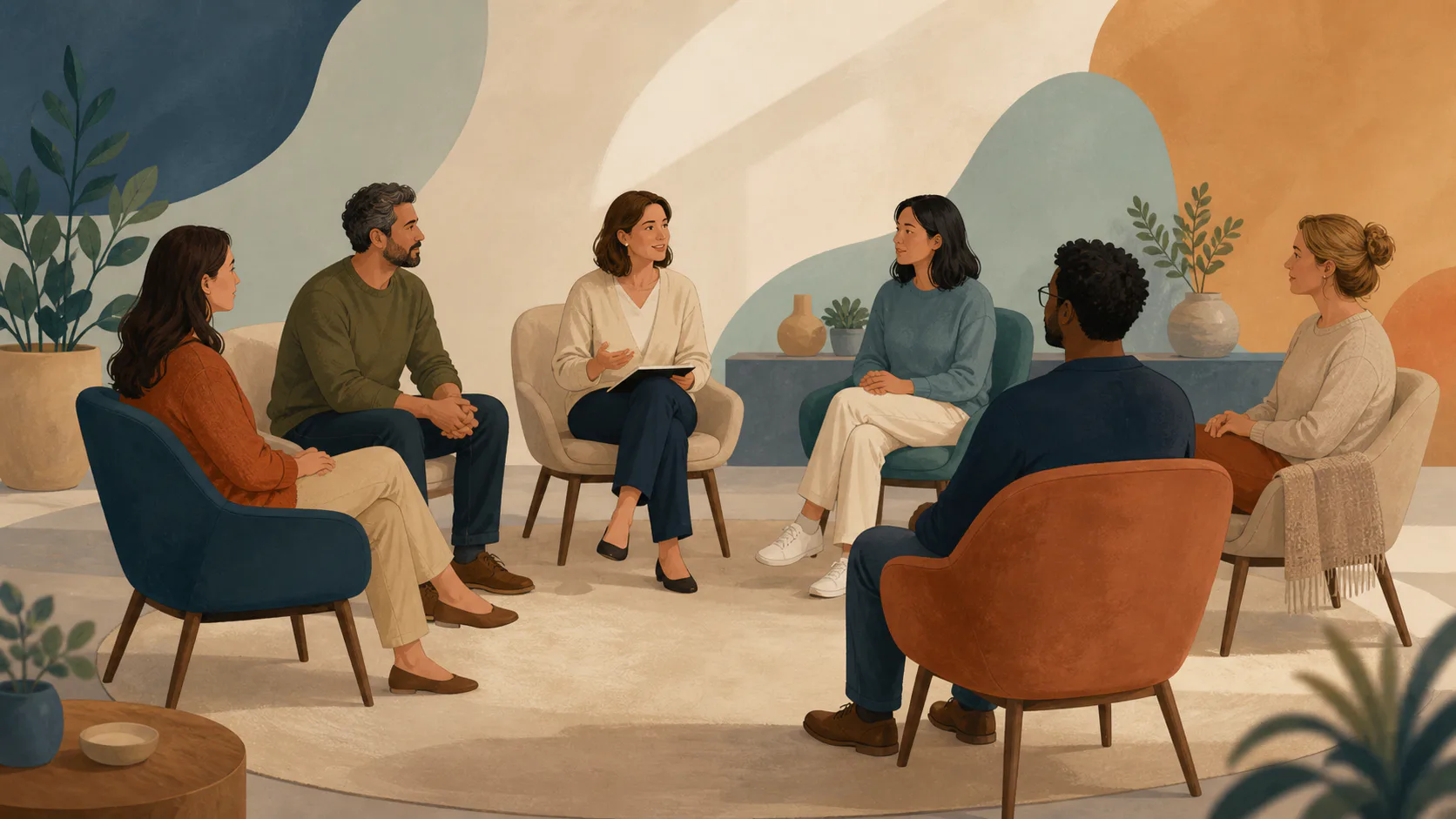 Illustration of adults participating in a facilitated group session.